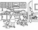 Mother Cooking Drawing Kitchen Coloring Pages Moping Floor Getdrawings sketch template