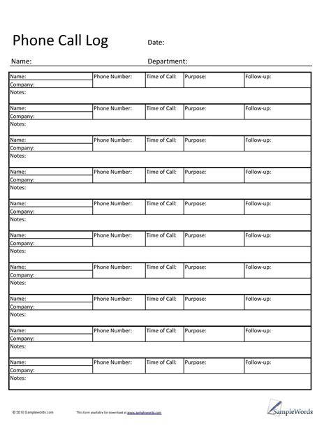 printable printable call log template