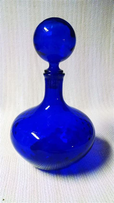 Vintage Cobalt Blue Glass Decanter Bottle With Diamond Optic Swirls