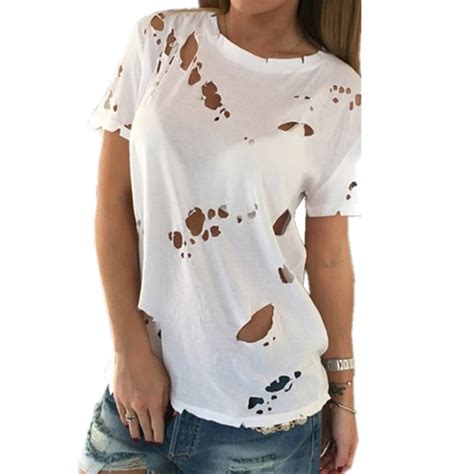 Women Ripped Holes Tops T Shirt 2018 Summer Sexy Black