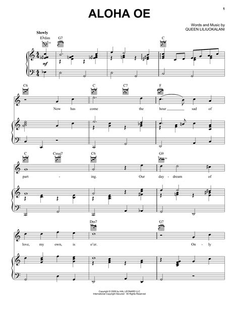 Aloha Oe Sheet Music By Queen Liliuokalani Piano Vocal And Guitar