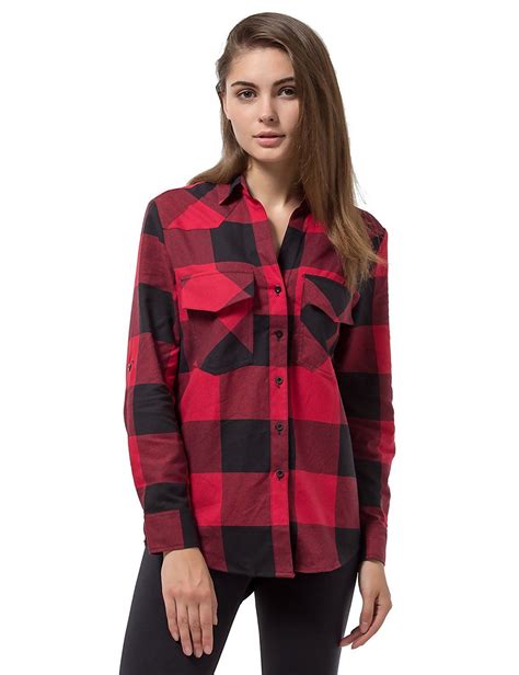 Women S Plaid Flannel Shirt Red And Black Checkered Long Sleeve Cotton