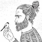 Man Adult Hipster Beard Drawn Line Hand Long Coloring Book Bearded Bird sketch template