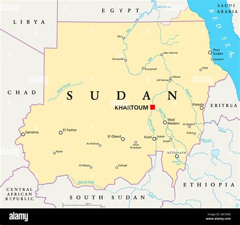 sudan political map  capital khartoum national borders important cities rivers  lakes