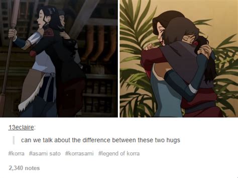 can we talk about the difference between these two hugs korra and asami korrasami book 3 and