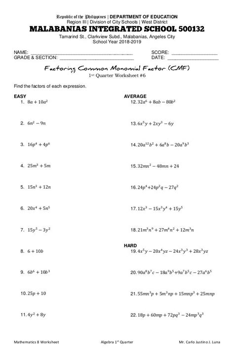 factoring  common monomial factor worksheet factoring polynomials
