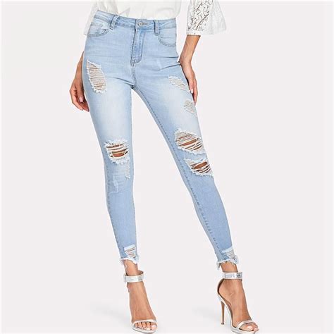 Womens Bleach Washed Ripped Jeans Ripped Jeans Comfortable Denim