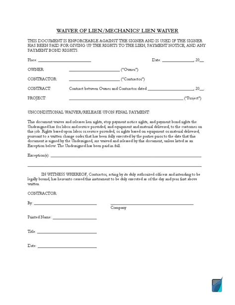 unconditional lien release form waiver template