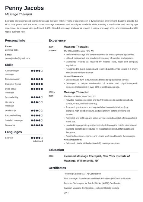 massage therapist resume sample guide  examples