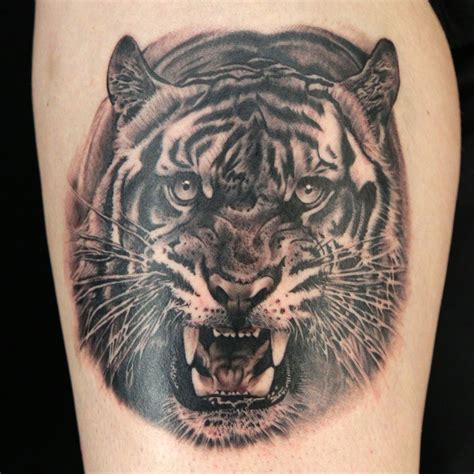 Black And Gray Realistic Tiger Head Tattoo By Gary Parisi