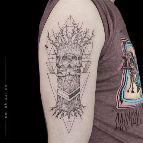 Geometric Tree With Two Faces Tattoo On Arm By Emrahozhan Tattoos
