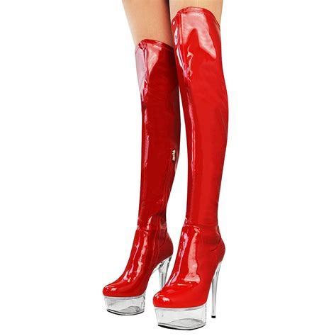 Womens Over The Knee Stretch Stripper Perspex Platform High Heels Boots