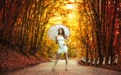 women model long hair women outdoors trees white dress road leaves fall