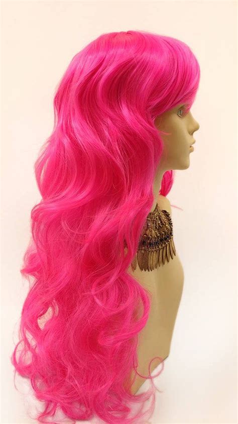 Long 25 Inch Wavy Hot Pink Color Wig With Bangs Anime Cosplay Costume