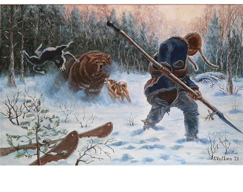 bear hunting artwork original acrylic art slingshot canvas spear hunter painting hunting animal
