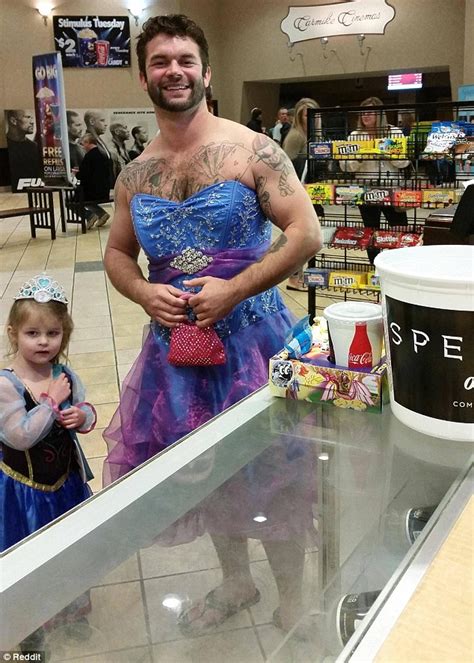 uncle wears a princess gown to watch cinderella with his
