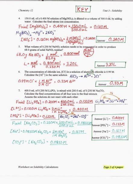 solutions chemistry worksheet  answers