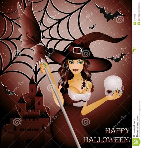 Happy Halloween Card Sexy Witch And Skull Royalty Free