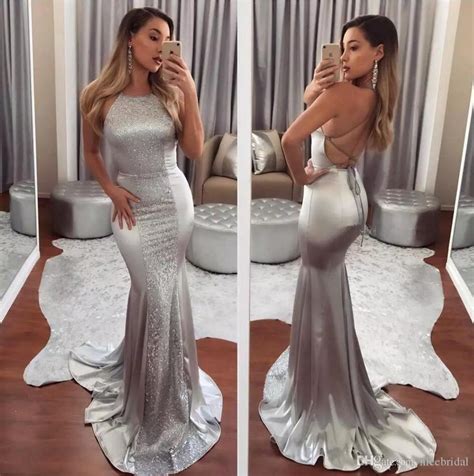 Silver Mermaid Backless Prom Dresses 2018 Sexy Court Train Glitter