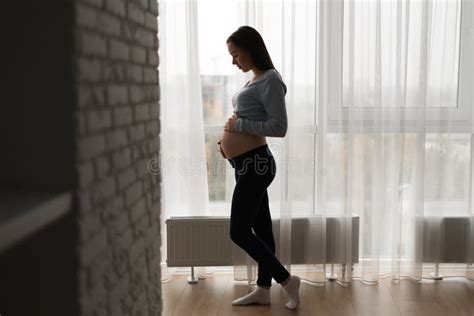 Silhouette Of A Pregnant Woman Standing Near A Large Window And