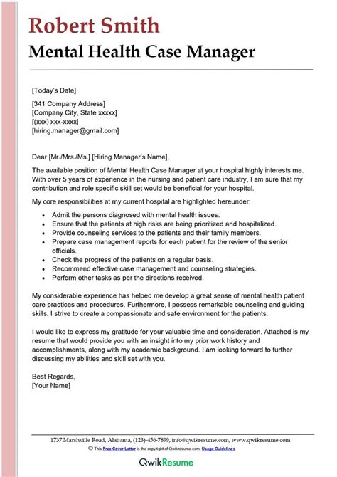 mental health case manager cover letter examples qwikresume