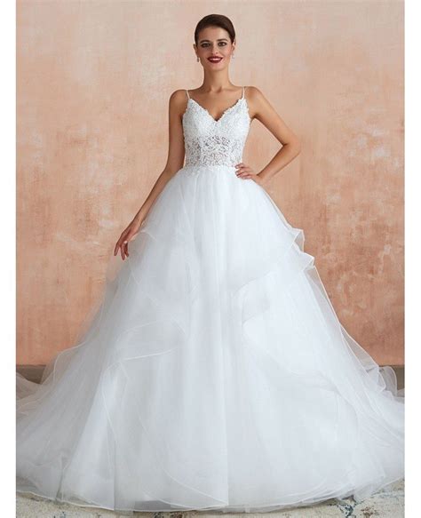 Elegant Princess Lace Tulle Ball Gown Wedding Dress With Spaghetti