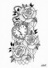 Clock Tattoo Heart Roses Drawing Pocket Shaped Tattoos Drawings Designs Flower Sleeve Family Rose Tatuointi Suunnittelu Kello Floral Flash Tatuagem sketch template