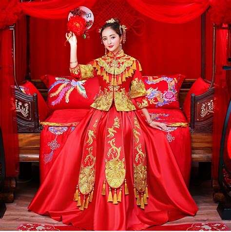Red Wedding Bride Chinese Style Cheongsam Traditional Lady Long Qipao