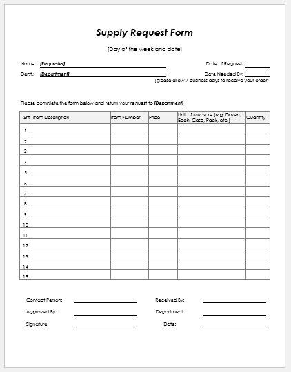 supply request form templates ms word word excel templates