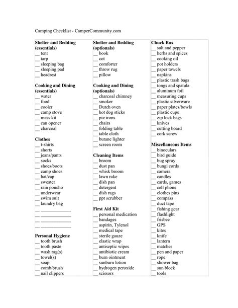 camping checklist  word   formats