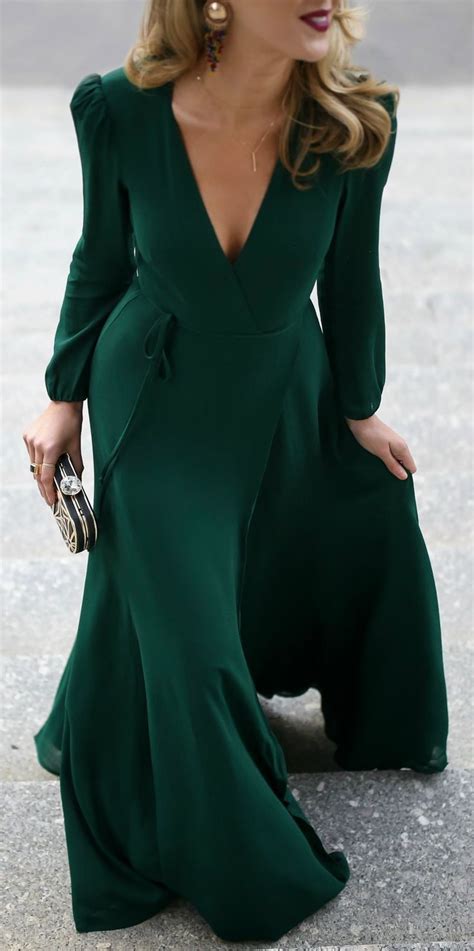black tie wedding outfit emerald green long sleeved floor length wrap dress black  gold