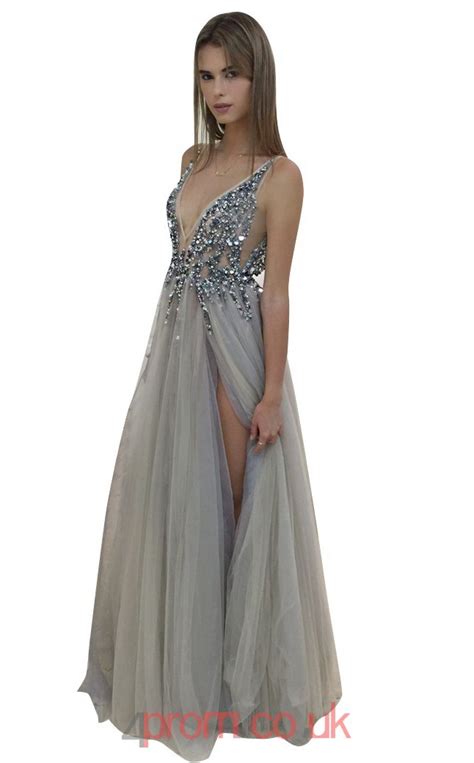 Free Shipping Gray Tulle A Line V Neck Floor Length Sex Prom Dresses