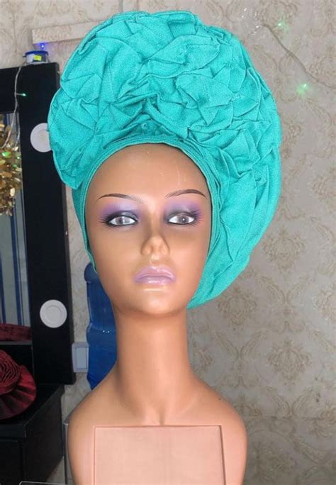 lovely blue nigerian head ties party ready  wear auto gele etsy