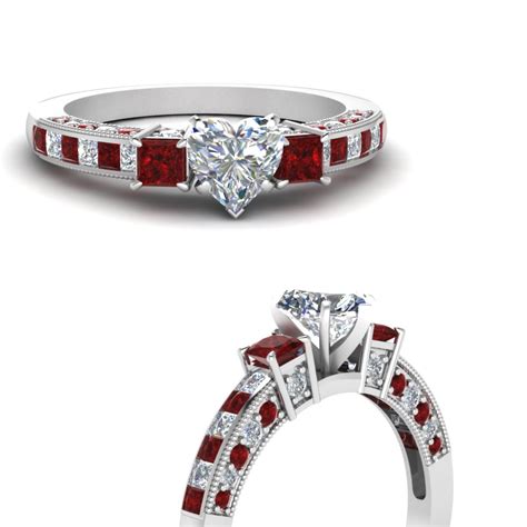 heart shaped channel set  diamond accent engagement ring  ruby   white gold