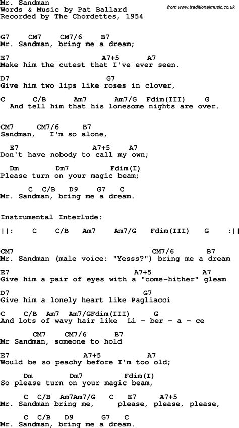 song lyrics with guitar chords for mr sandman the chordettes 1954 lullabies in 2019