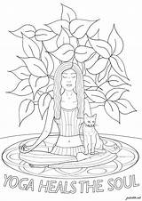Woman Yoga Soul Coloring Pages Heals Adults Cat Practicing Text Her sketch template