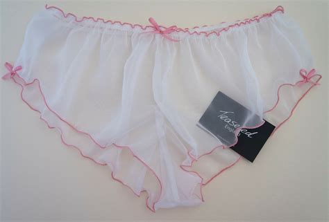 French Knickers Sheer Chiffon Panties White With Pink Lingerie