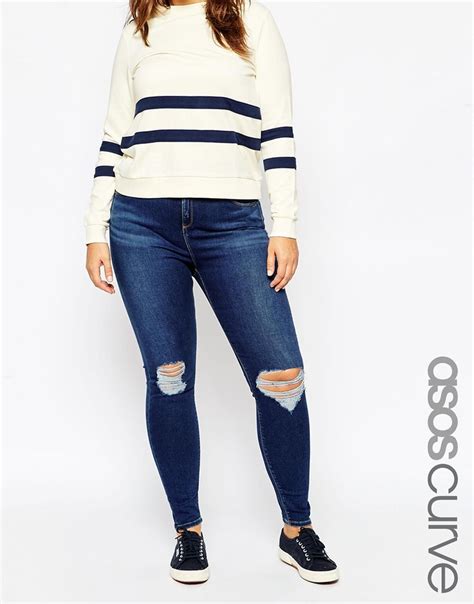 Asos Curve Ridley Skinny Jean In Brasswood Dark Wash With Rips At Asos