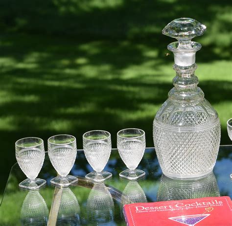 Vintage Pressed Glass Wine Decanter With 8 Matching Wine Glasses