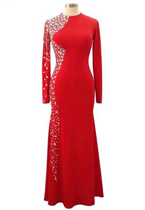 Red Spandex Beaded Prom Dresses Elegant Luxury Long Sleeves Mermaid