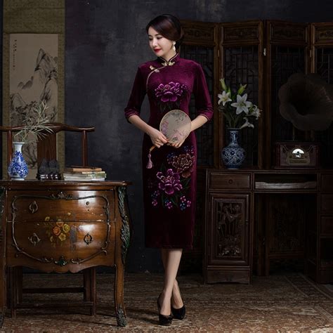fashion 2018 velvet cheongsam sexy qipao long purple gown chinese