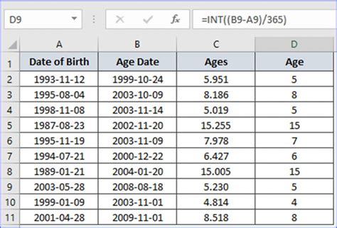 calculate ages  years excelnotes