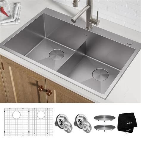 kraus standart pro dual mount      stainless steel double equal bowl  hole kitchen