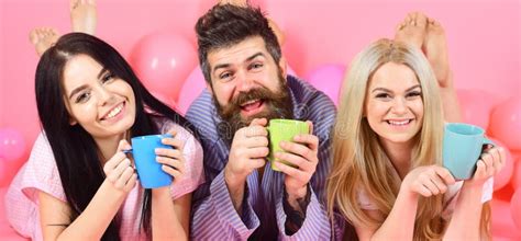 Threesome Relax In Morning With Coffee Lovers Concept Stock Image