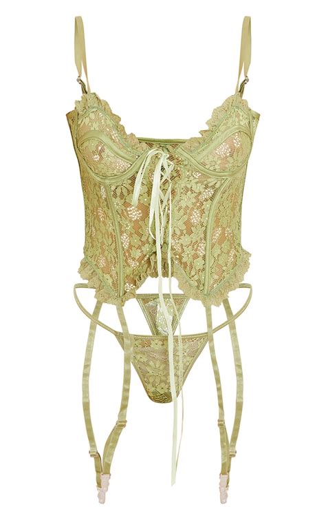 sage green floral lace corset suspender thong prettylittlething