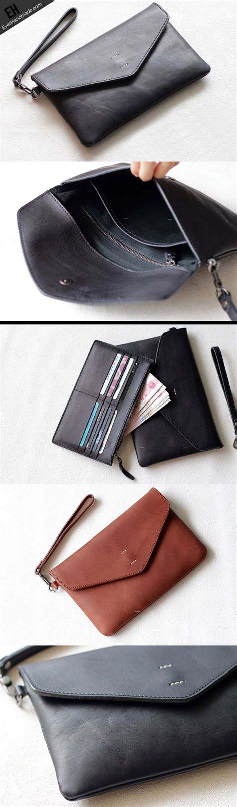 handmade genuine leather bifold envelope clutch purse wristlet wallet