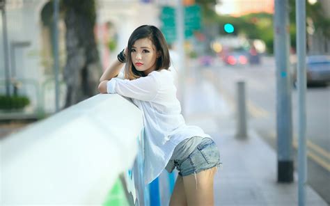women model brunette asian women outdoors jean shorts