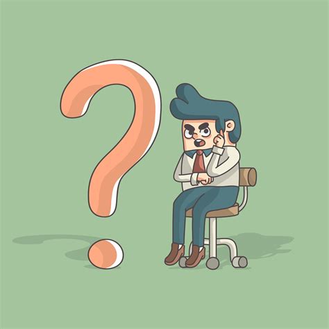 Cartoon Business Man Thinking While Sitting Beside Question Mark