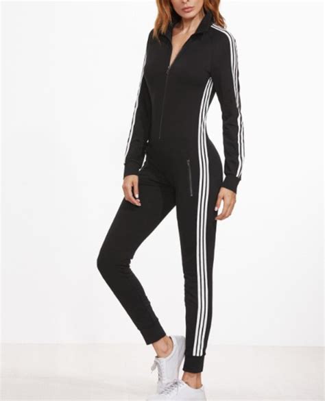 jumpsuit adidas black white stripes zip  piece wheretoget