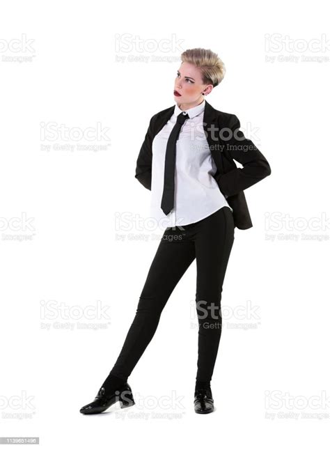 Woman Looking Up To The Left Wearing Shirt And Tie Suit Full Length On
